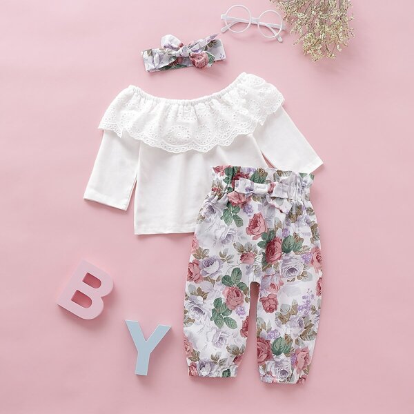 

Baby Girl Eyelet Embroidery Top With Allover Floral Print Bow Pants, Multicolor