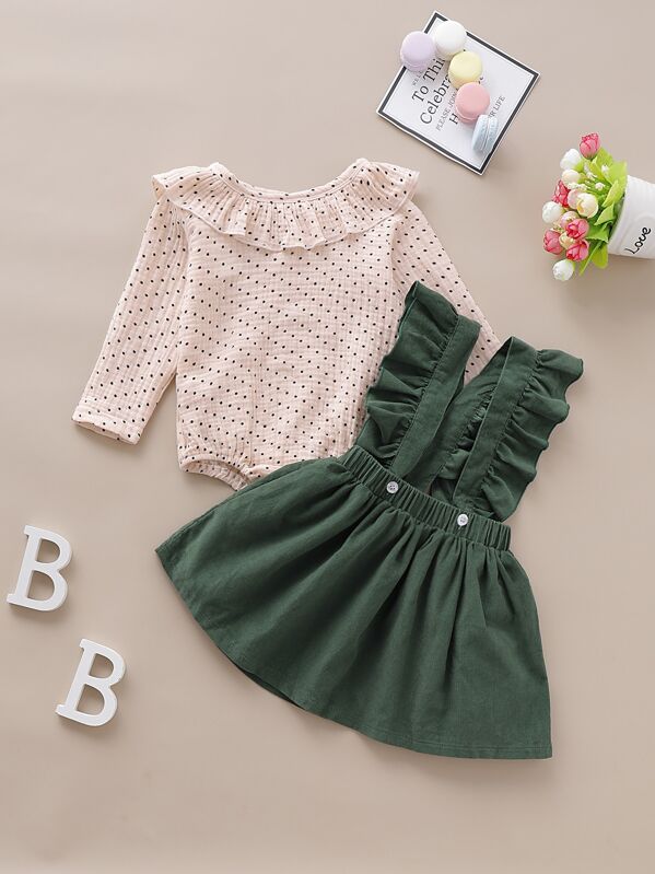 

Baby Girl Ruffle Polka Dot Print Romper With Strap Skirt, Multicolor