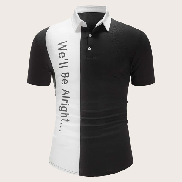 

Men Letter Print Two Tone Polo Shirt