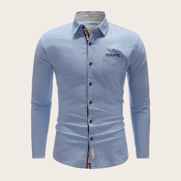 

Men Letter Print Taped Embroidered Shirt, Blue