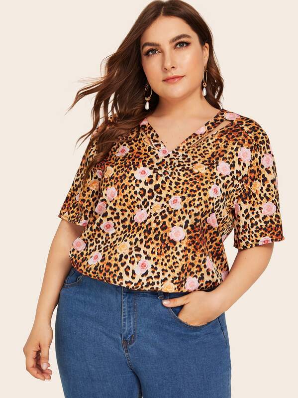 

Plus V-neck Leopard And Floral Print Blouse, Multicolor, Franziska