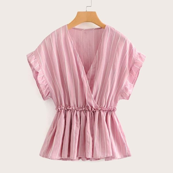 

Striped Lettuce Trim Smock Blouse