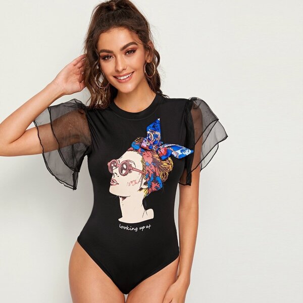 

Figure Print Mesh Sleeve Panel Bodysuit