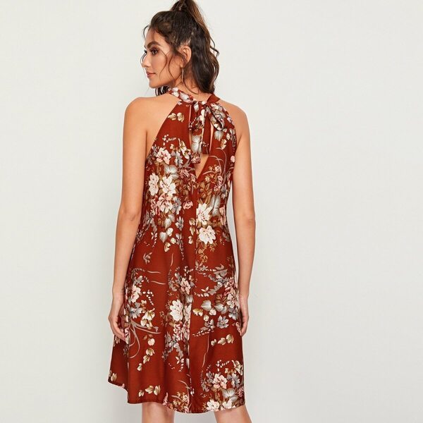 

Floral Print Halter Neck Tie Back Tunic Dress
