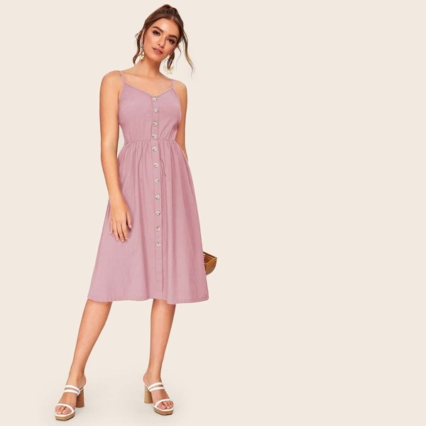 

Button Front Shirred Elastic Waist Cami Dress, Pink