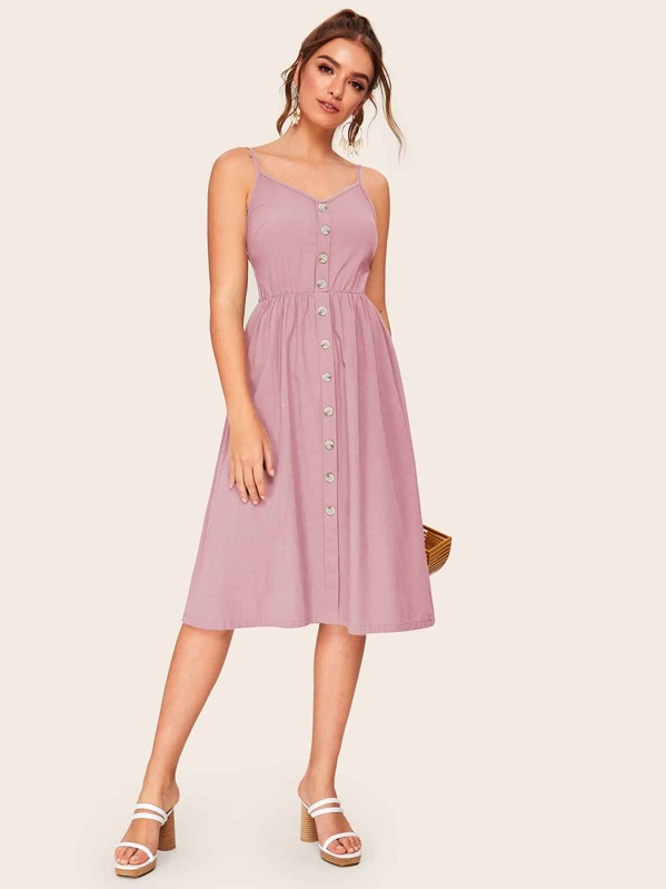 

Button Front Shirred Elastic Waist Cami Dress, Pink, Luiza