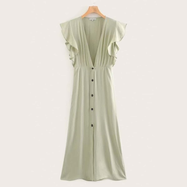 

Deep V-neck Button Front Ruffle Sleeve Dress
