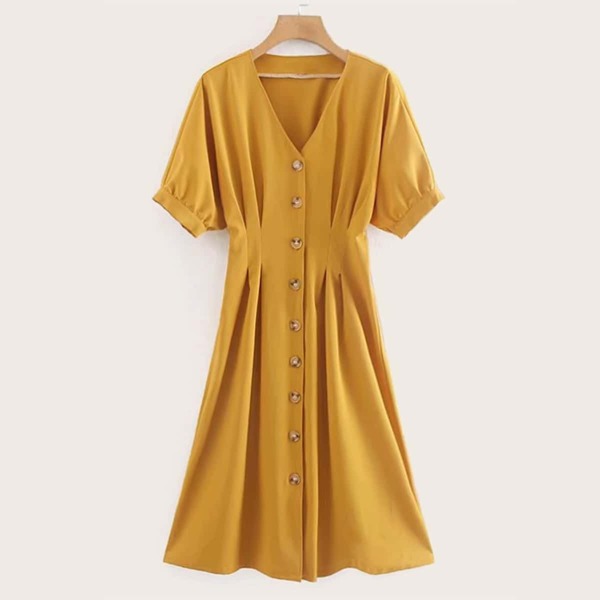 

Solid Button Through V-neck Dress