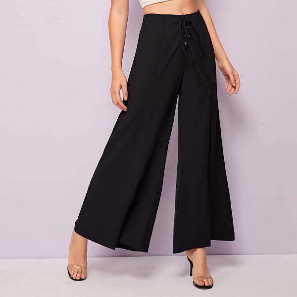 

Grommet Lace-up Wide Leg Pants, Black
