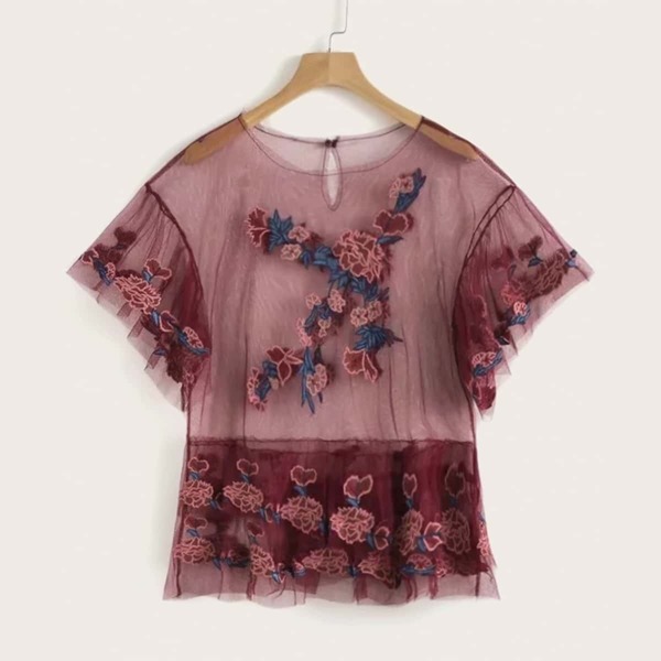 

Embroidery Mesh Ruffle Sleeve Sheer Top