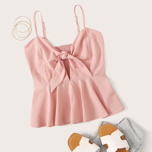 

Tie Front Shirred Ruffle Hem Cami Top, Pink pastel