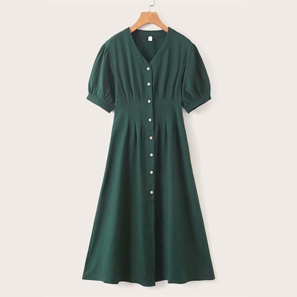 

V-neck Button Front Puff Sleeve Dress