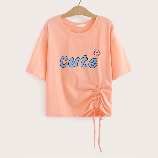

Letter And Floral Print Drawstring Hem Tee