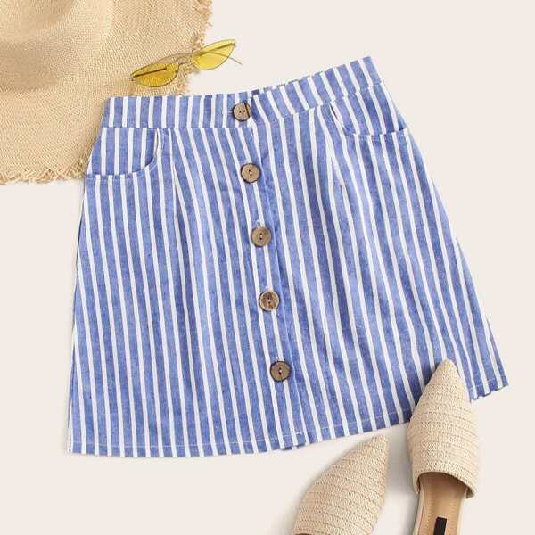 

Striped Button Front A-line Skirt