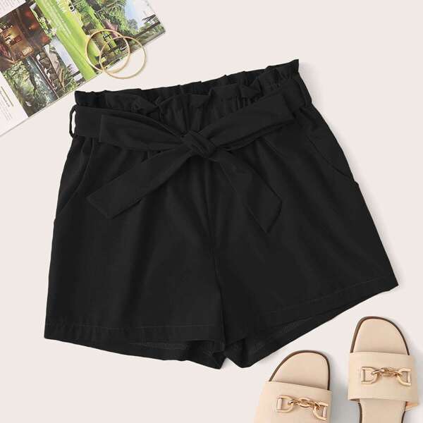 

Solid Belted Paperbag Shorts