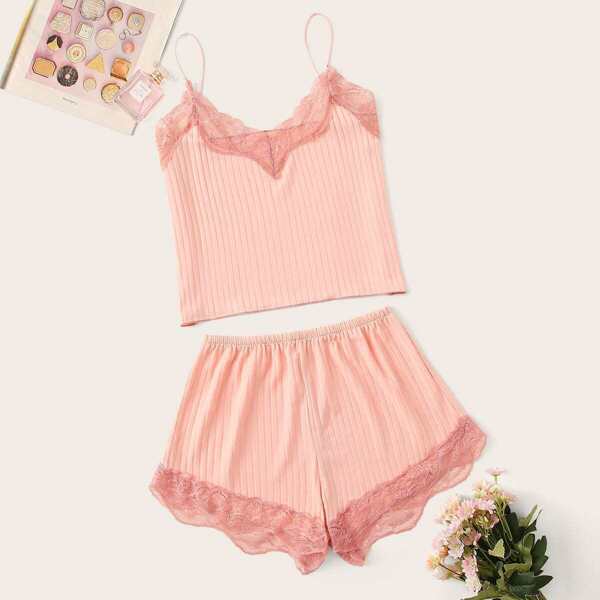 

Lace Trim Rib Cami PJ Set