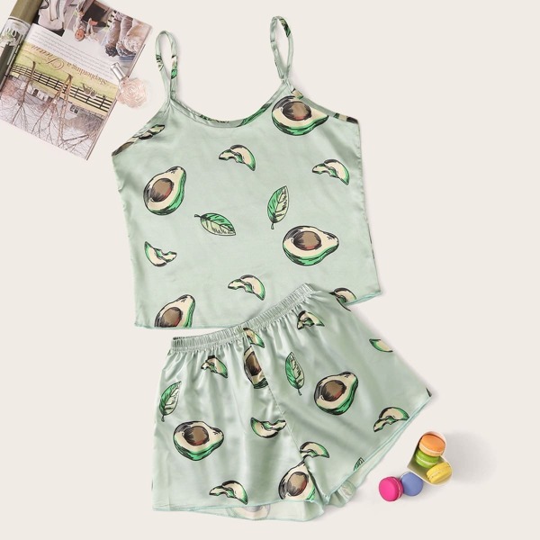 

Avocado Print Satin Cami PJ Set