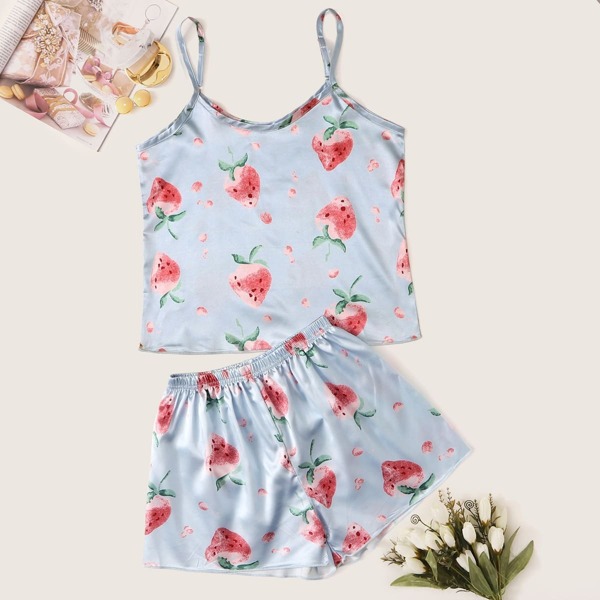 

Strawberry Print Satin Cami PJ Set