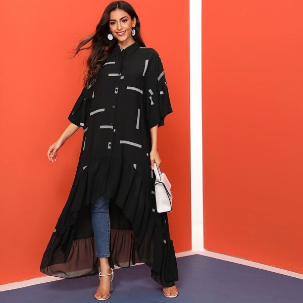 

Ruffle Sleeve Geometric Print Mesh Contrast Longline Dress