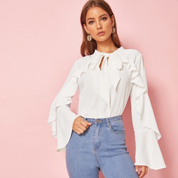 

Tie Neck Ruffle Sleeve Blouse