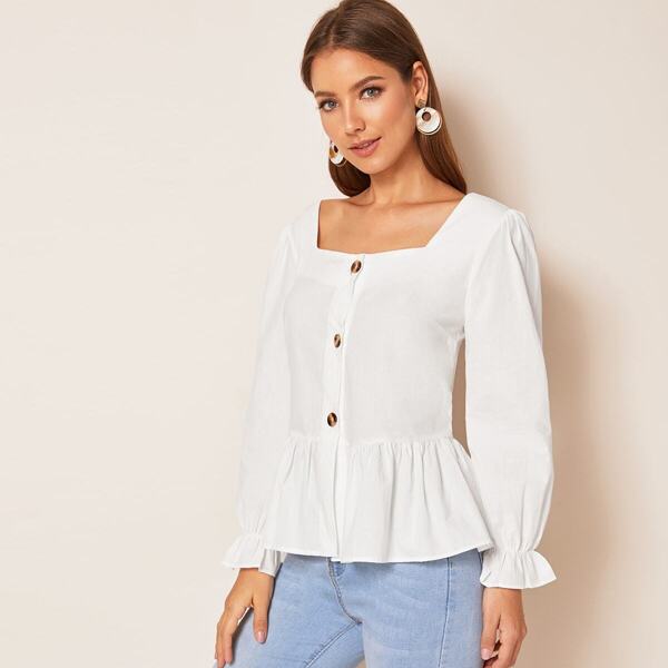 

Button Through Square Neck Ruffle Blouse, White
