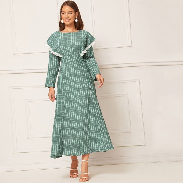 

Ruffle Trim Plaid Longline Dress