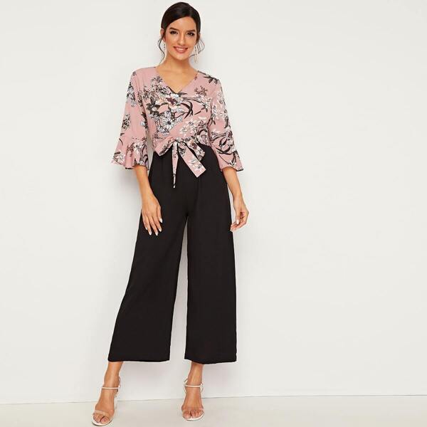 

Colorblock Tie Front Ruffle Sleeve Floral Jumpsuit