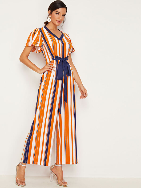 

Tie Waist Ruffle Sleeve Stripe Wide Leg Jumpsuit, Multicolor, Juliana