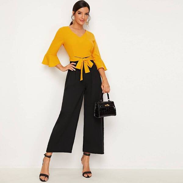 

Bell Sleeve Tie Waist Colorblock Jumpsuit