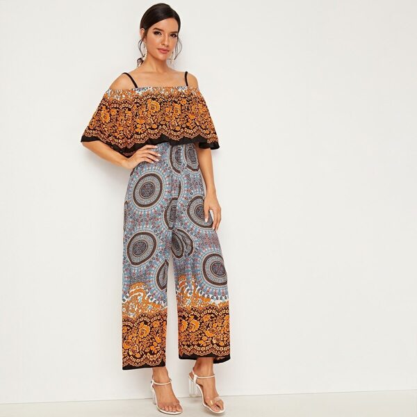 

Open-shoulder Tribal Print Ruffle Wide Leg Jumpsuit, Multicolor
