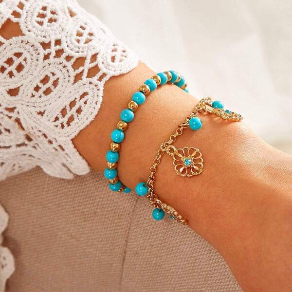 

Hollow Flower & Bead Charm Bracelet 2pcs
