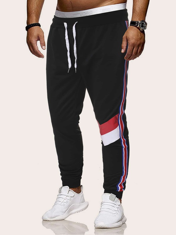 

Men Striped Side Drawstring Waist Pants, Black