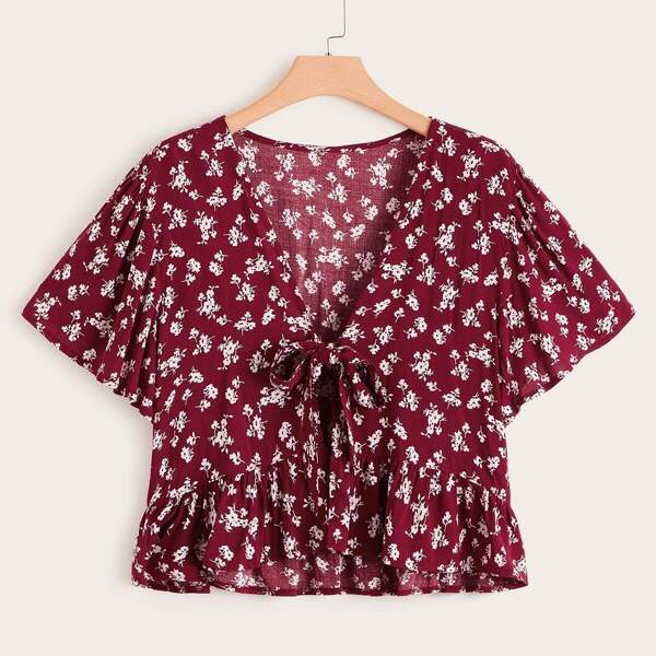 

Plus Ditsy Floral Print Tie Front Ruffle Hem Blouse, Burgundy