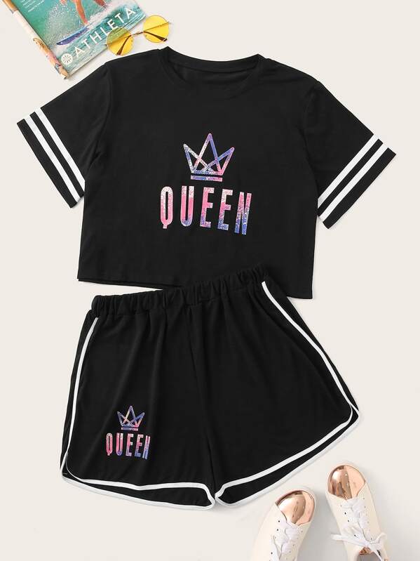 

Plus Letter Graphic Varsity Striped Top With Contrast Trim Shorts, Black