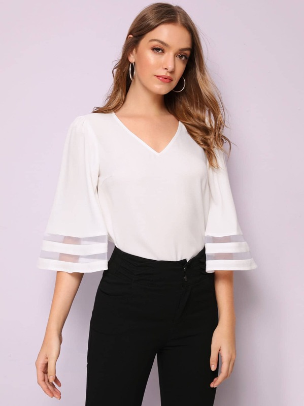 

Mesh Insert Bell Sleeve Top, White, Luiza