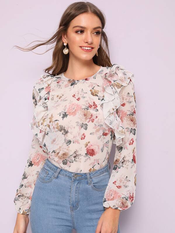 

Floral Print Ruffle Trim Top, White, Luiza