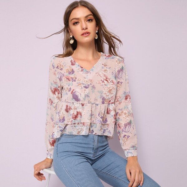 

Botanical Print Layered Hem Top