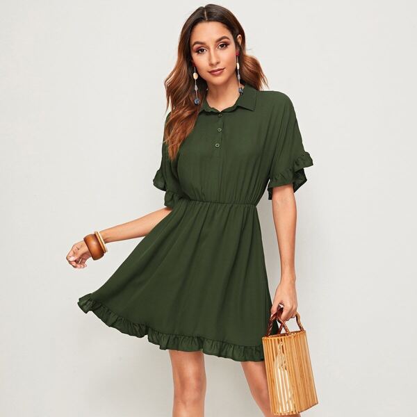 

Solid Ruffle Trim Shirt Dress