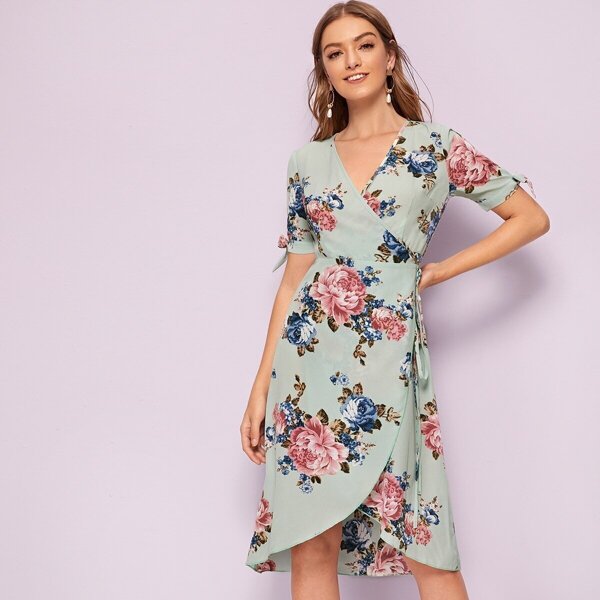 

Surplice Wrap Knot Side Botanical Print Dress