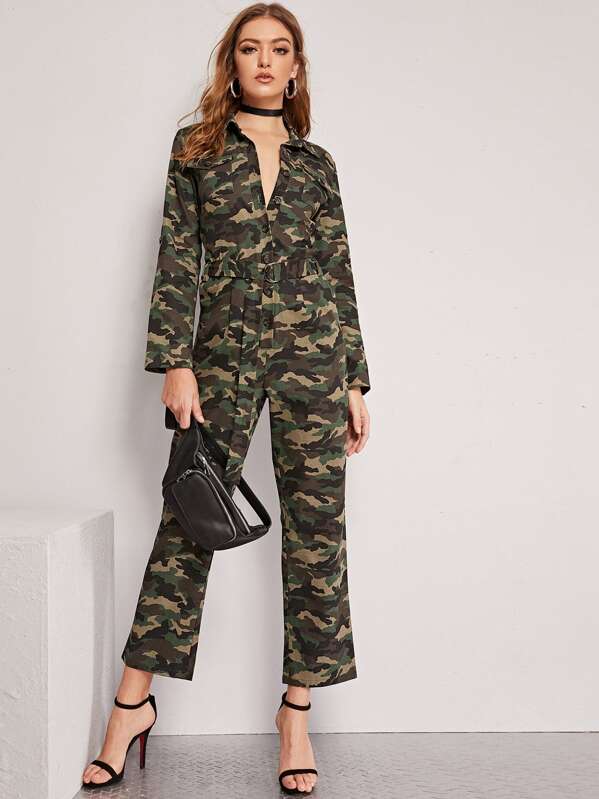 

Pocket Detail Button Front Camo Print Belted Jumpsuit, Multicolor, Luiza