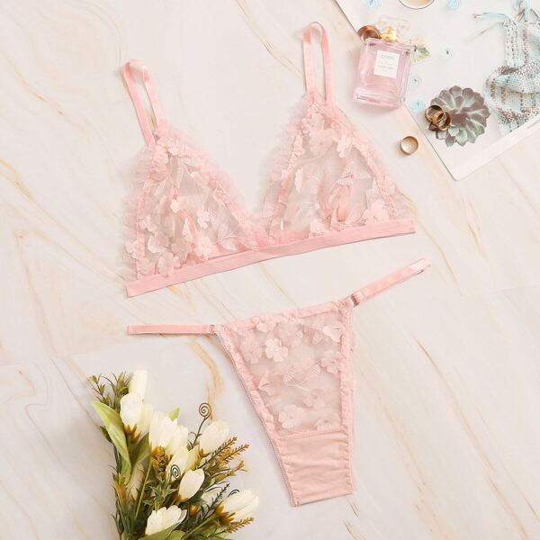 

Flower Applique Sheer Lingerie Set