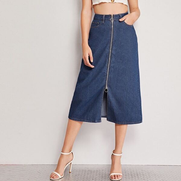 

O-ring Zipper Up Denim Skirt