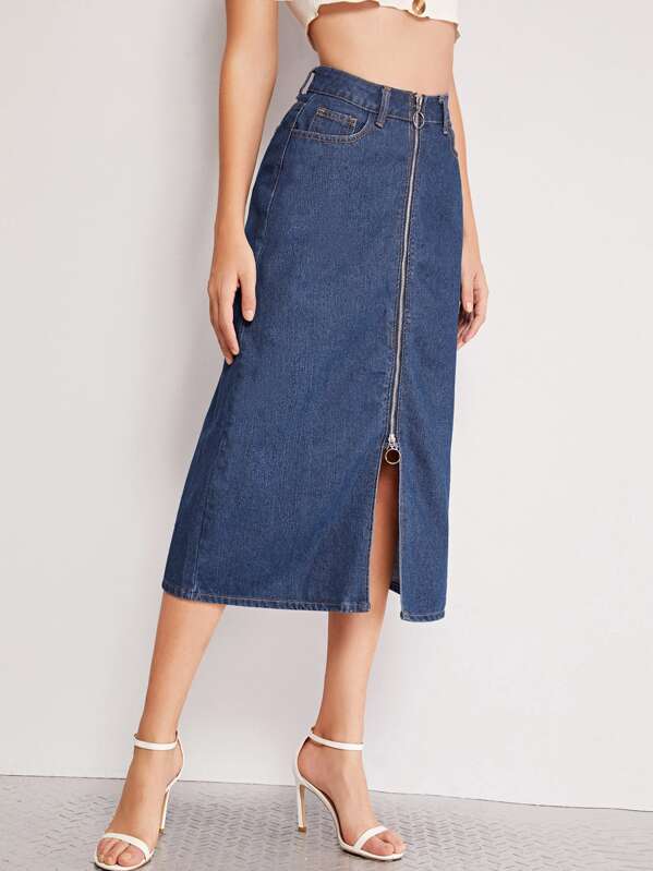 

O-ring Zipper Up Denim Skirt, Navy, Luiza