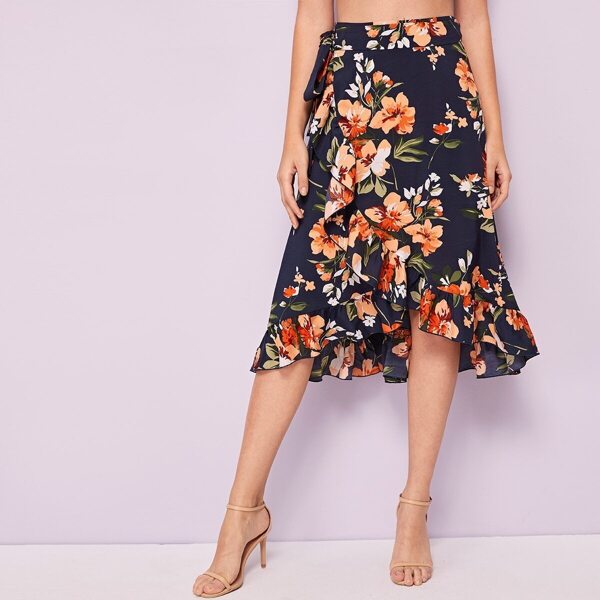 

Asymmetrical Ruffle Trim Floral Print Belted Skirt