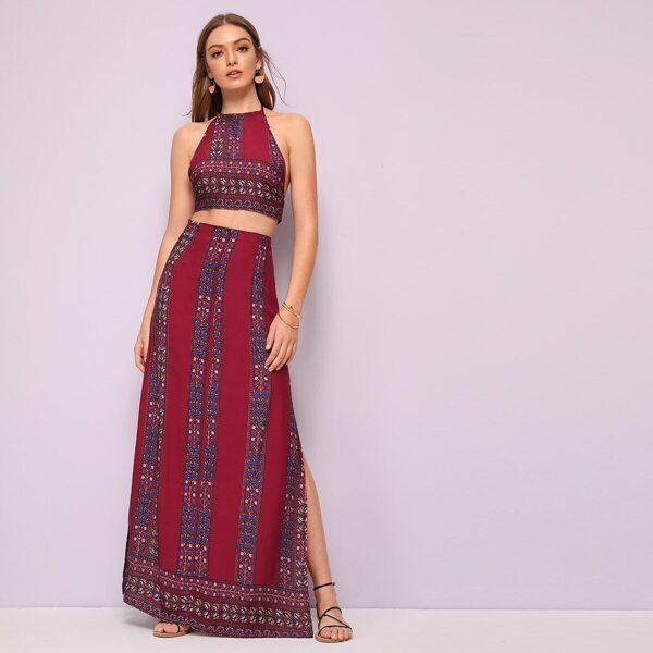 

Tribal Backless Halter Top & Slit Hem Skirt Set