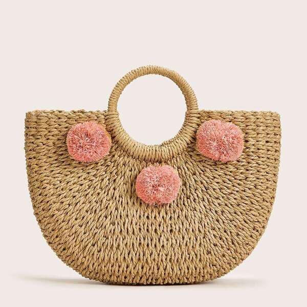 

Pom-pom Decor Straw Tote Bag