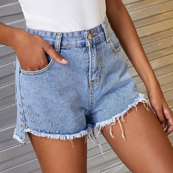 

Button Waist Beaded Raw Hem Denim Shorts, Blue