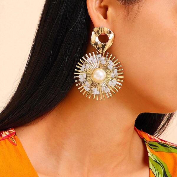 

Faux Pearl Decor Sunflower Drop Earrings 1pair, Gold