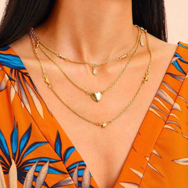 

Heart & Star Decor Chain Layered Necklace 1pc