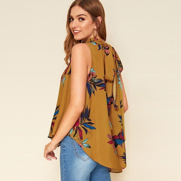 

Tie Back Asymmetrical Hem Floral Blouse, Yellow